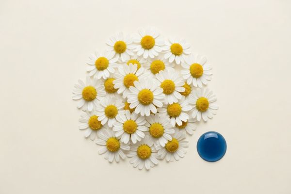 Frische Kamillenblüten neben einem Tropfen blauem Kamillenöl
