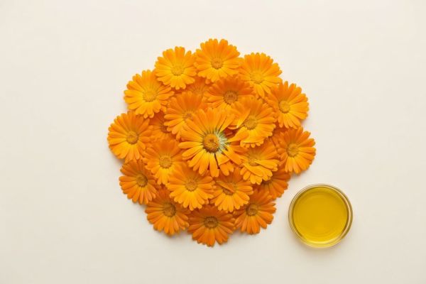 Orange Ringelblumenblüten neben goldgelbem Ölauszug