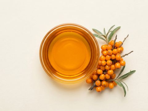 Sanddornbeeren und Sanddornöl als Makroaufnahme